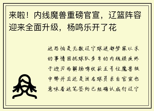来啦！内线魔兽重磅官宣，辽篮阵容迎来全面升级，杨鸣乐开了花